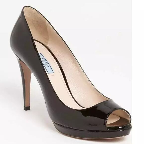 PRADA Patent Leather Slip On Peep Toe Platform Pumps Black Women's 38.5 US 8 - Picture 1 of 10